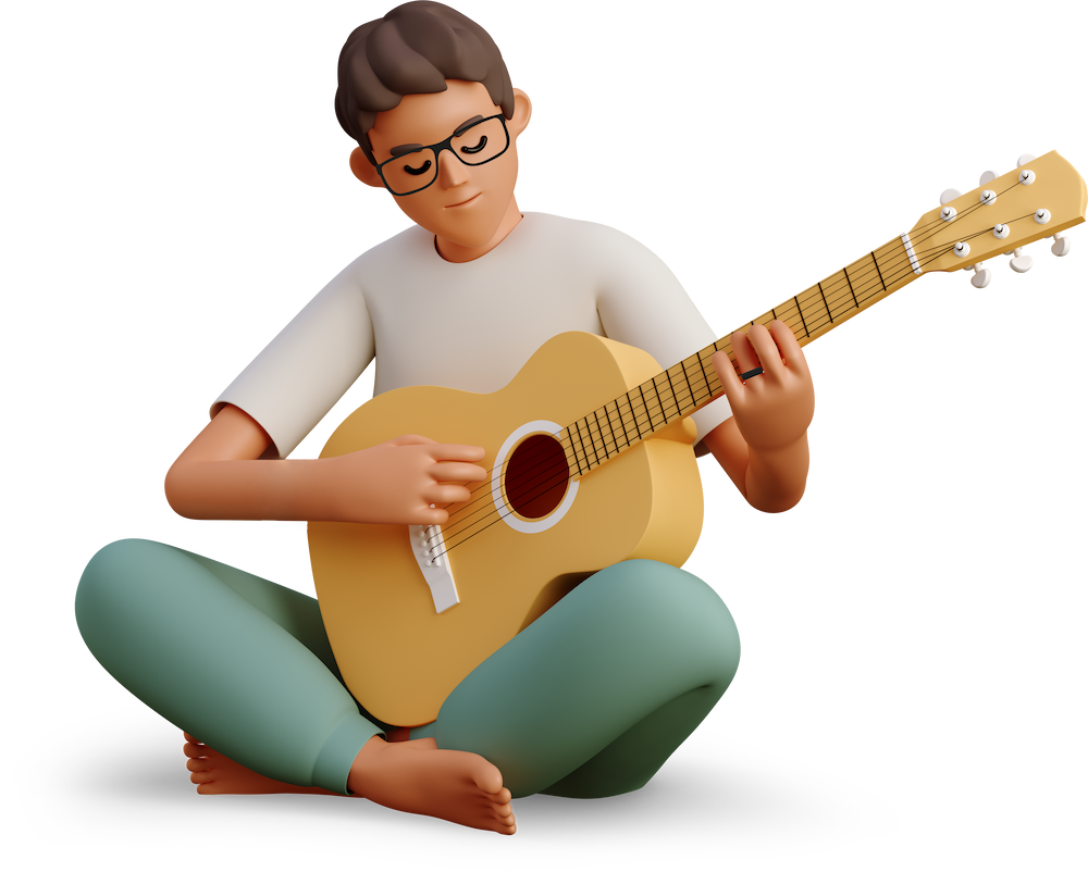 A 3D illustration of a young man playing an acoustic guitar
