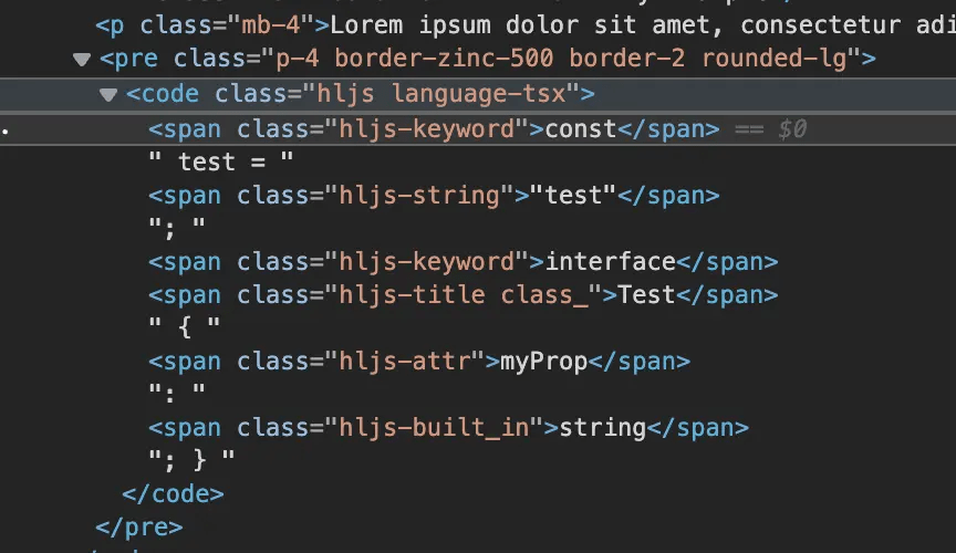 A screenshot of the Chrome inspector showing that hljs has applied classes to elements within the code block such as language-tsx, hljs-keyword, and hljs-string