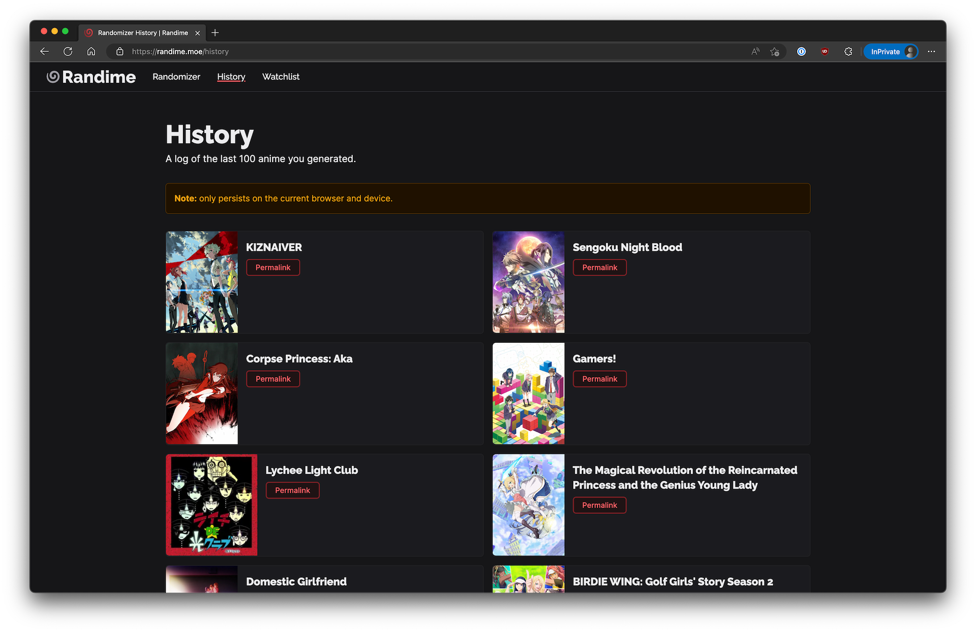 A screenshot of the Randime history page. It displays posters and titles of numerous anime series in a grid.