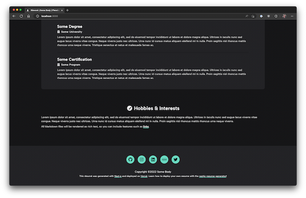 Screenshot of a resume in dark mode with mint accents