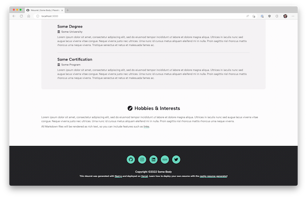 Screenshot of a resume in light mode with mint accents
