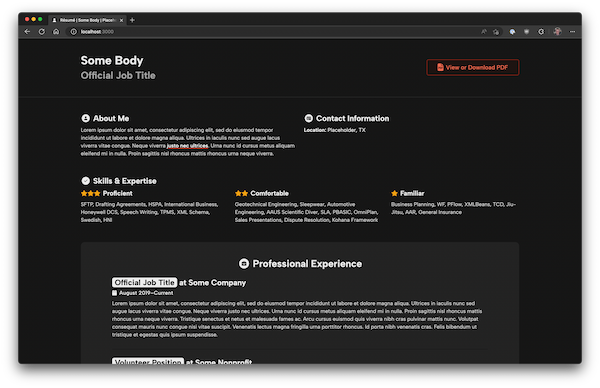 Screenshot of a resume in dark mode with tomato accents